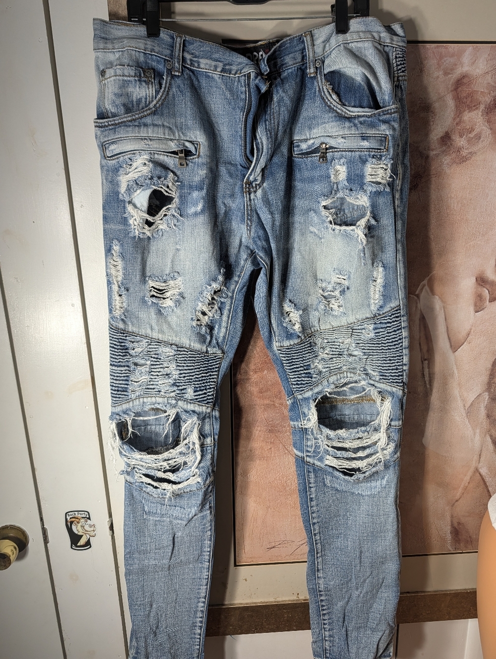 Preme Distressed Light Blue Skinny Jeans with Ribbed Knee Panels Size 40w/36w